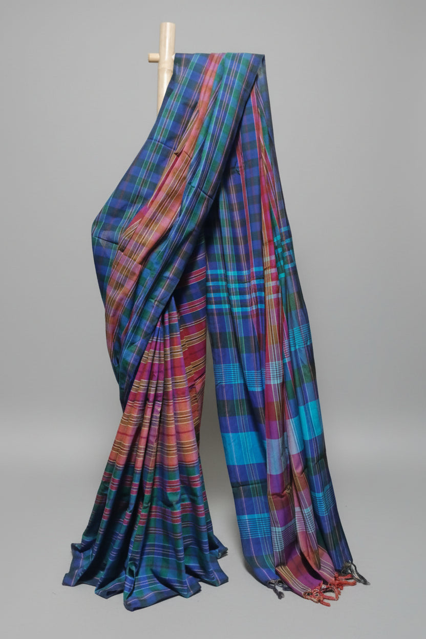 Contemporary Gamchha Cotton Saree – Indigo Blue & Multicolour Checked Handloom Saree