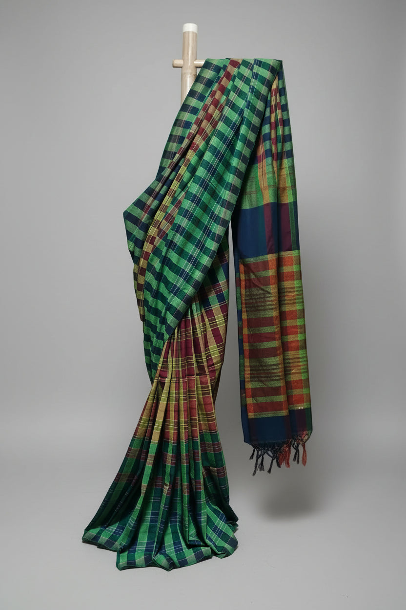 Contemporary Gamchha Cotton Saree – Emerald Green & Multicolour Checked Handloom Saree