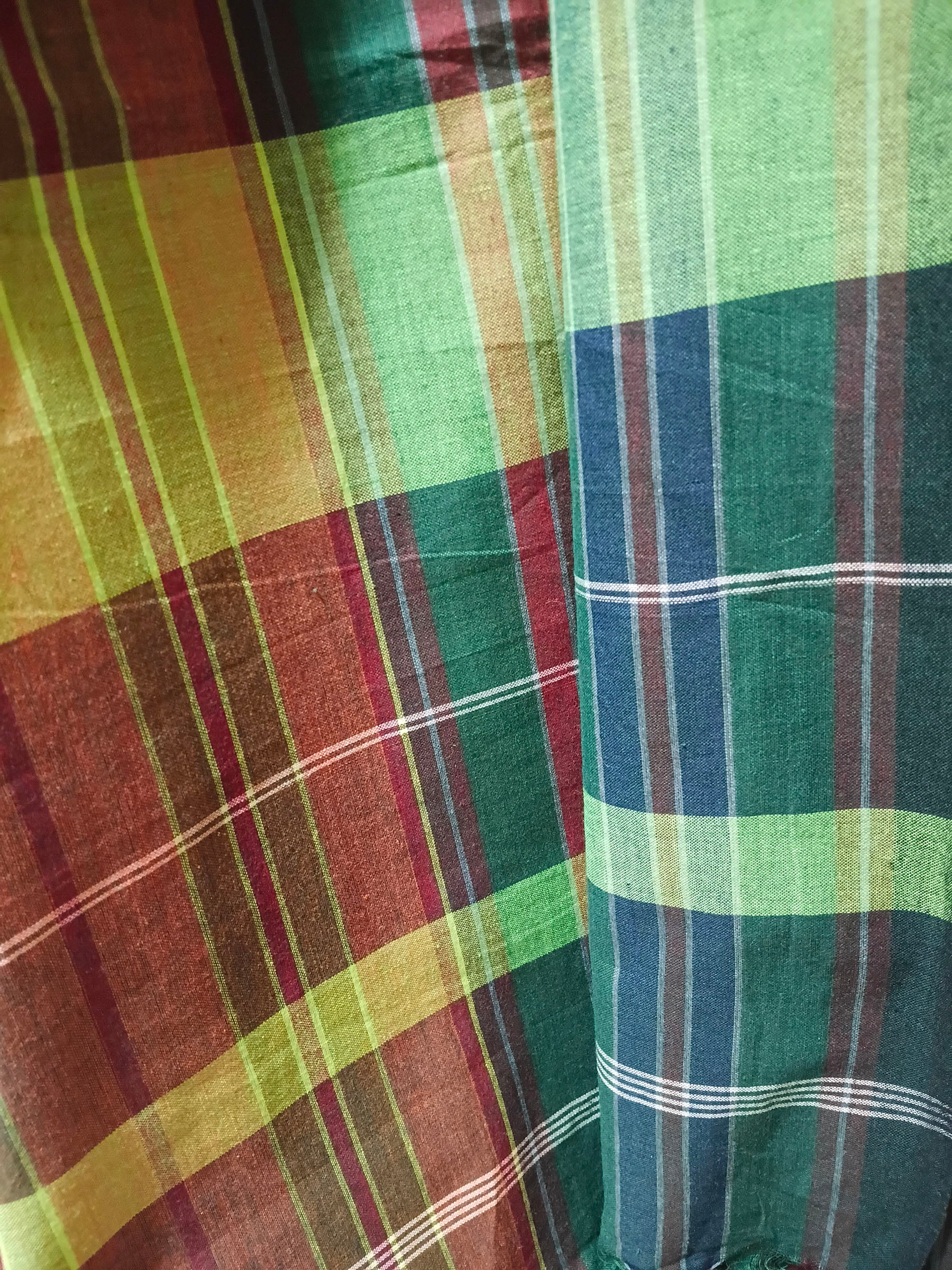 Contemporary Gamchha Cotton Saree – Emerald Green & Multicolour Checked Handloom Saree