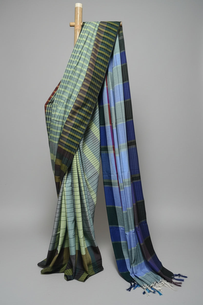 Pastel Green & Indigo Gamchha Cotton Saree – Handwoven Checked Bengal Saree