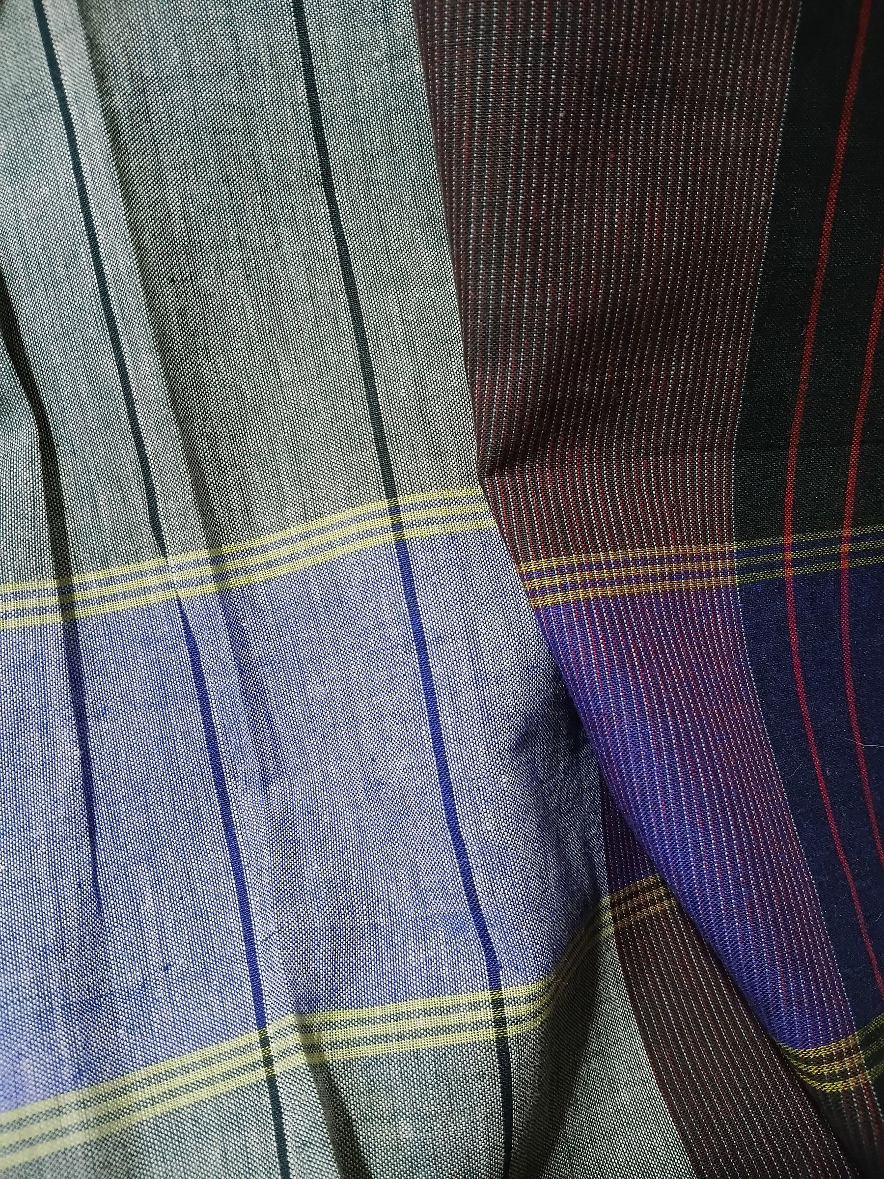 Pastel Green & Indigo Gamchha Cotton Saree – Handwoven Checked Bengal Saree