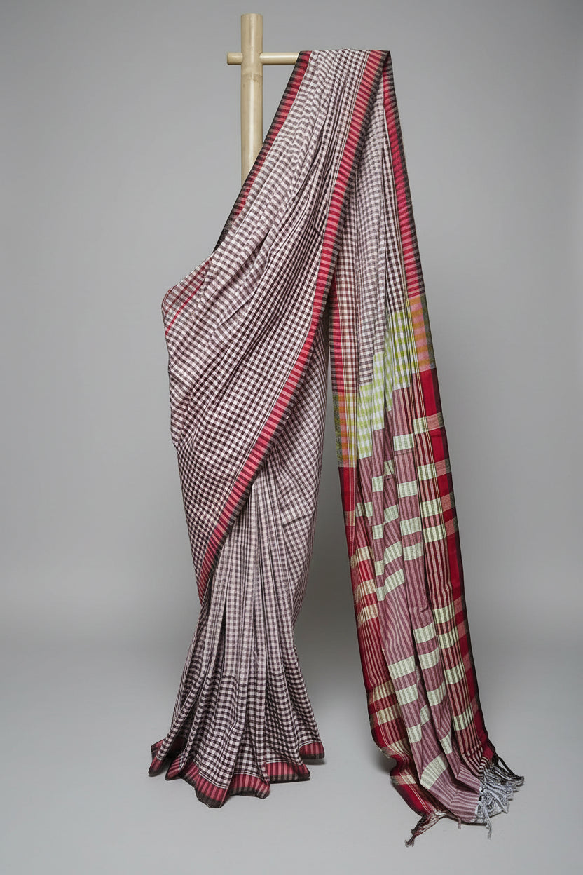 Saree with a checkered pattern draped over a wooden rod against a white background