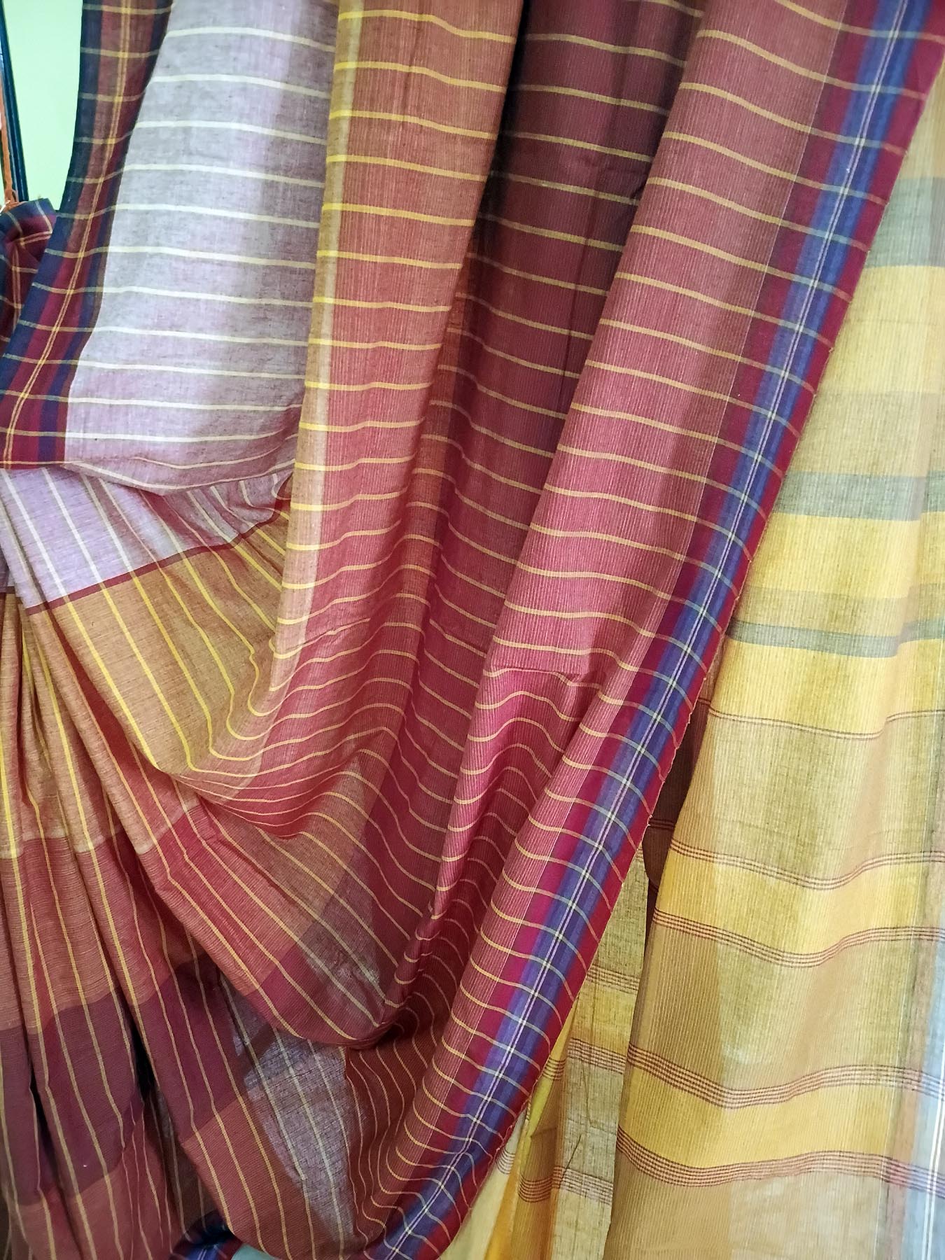 Handwoven Gamchha Saree in Burgundy and Mustard Yellow Checks
