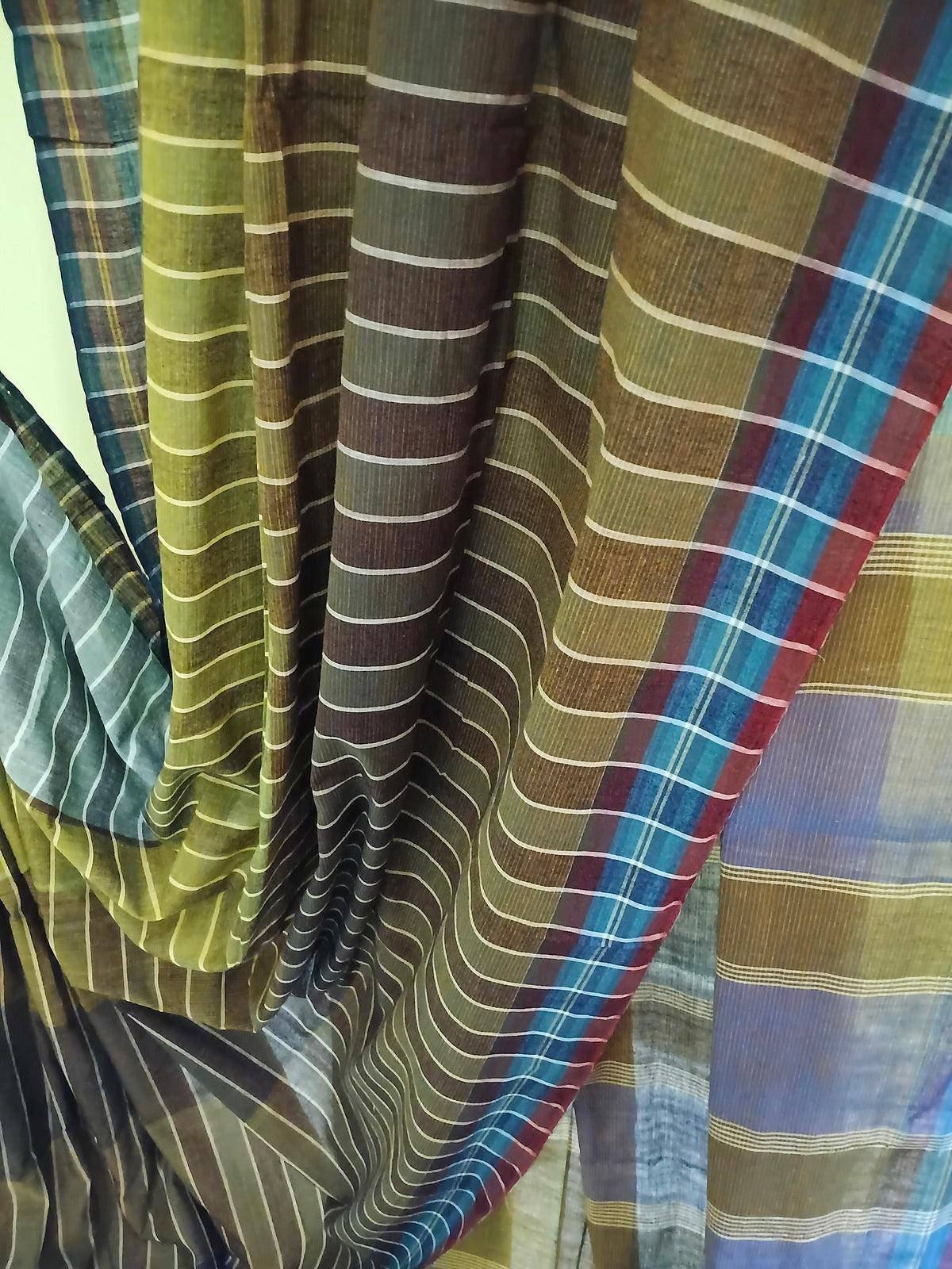 Teal Olive Brown Handloom Gamchha Saree