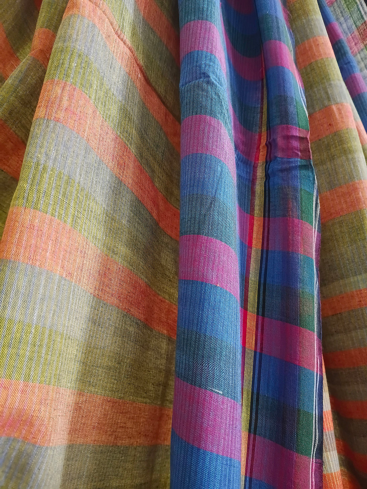 Olive Coral Blue Multicolour Handloom Gamchha Saree