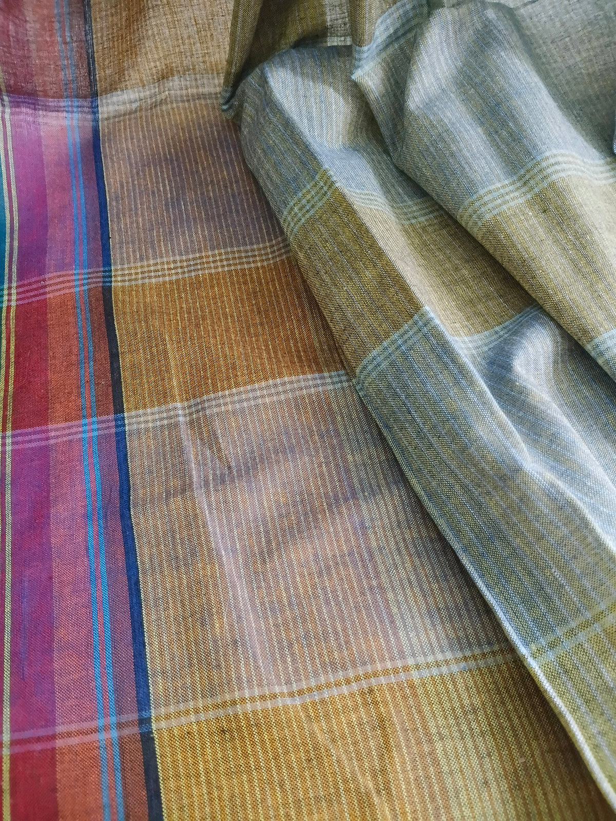 Olive Blue Multicolour Handloom Gamchha Saree