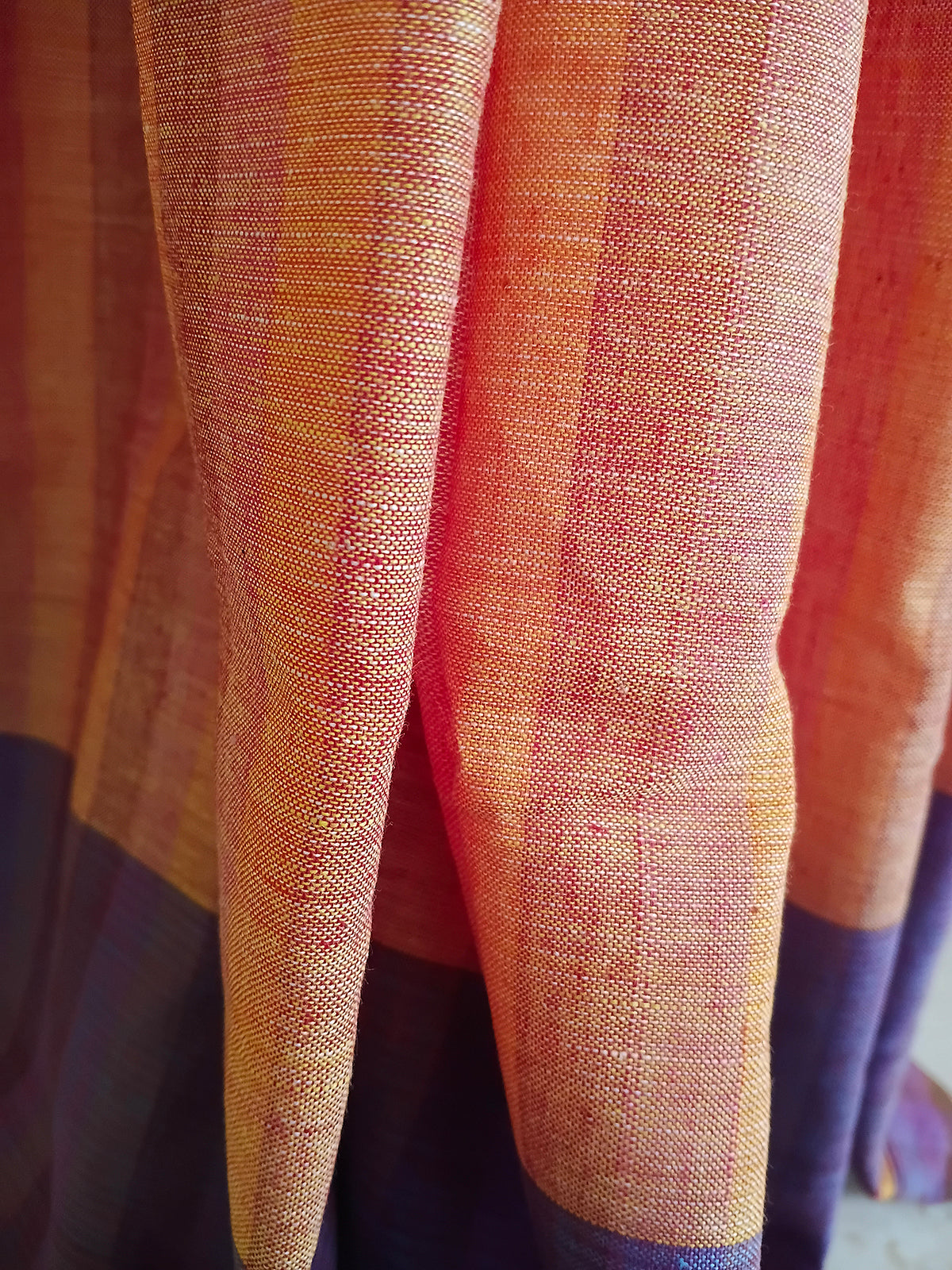Coral & Purple Striped Handloom Saree with Multicolour Pallu