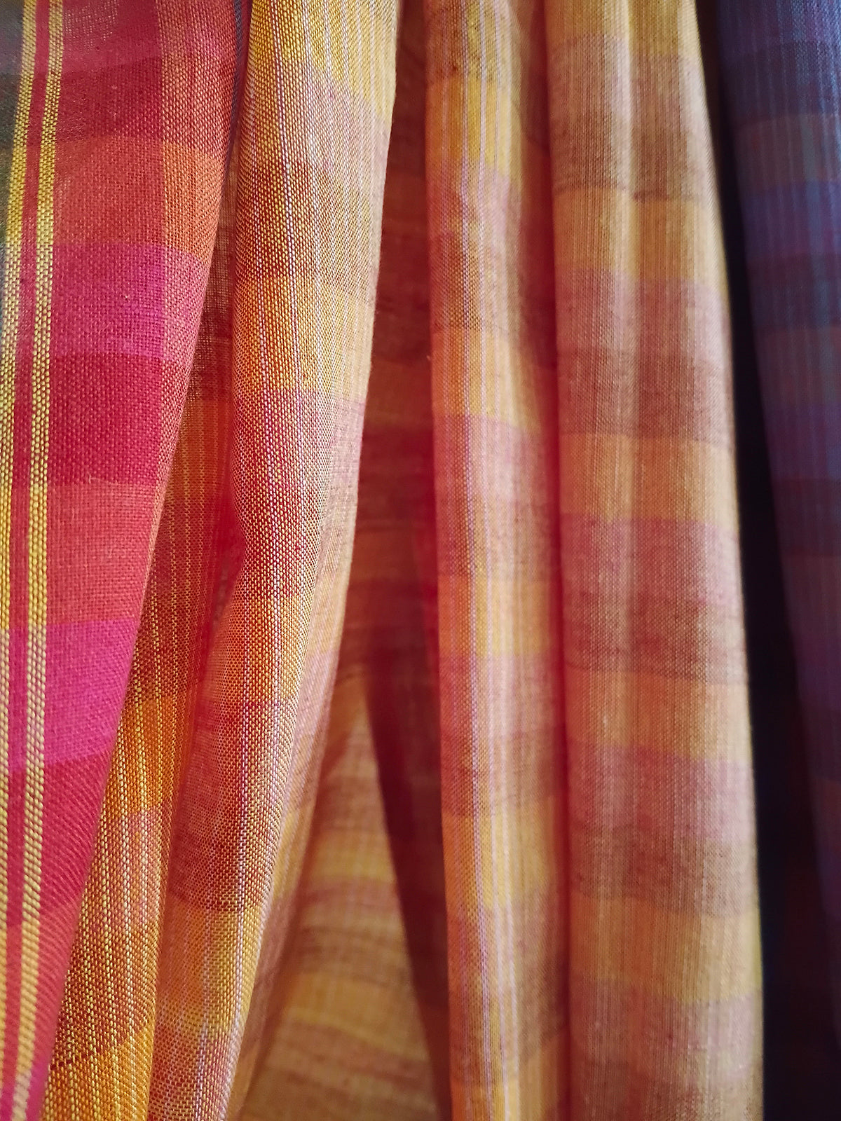 Coral & Purple Striped Handloom Saree with Multicolour Pallu
