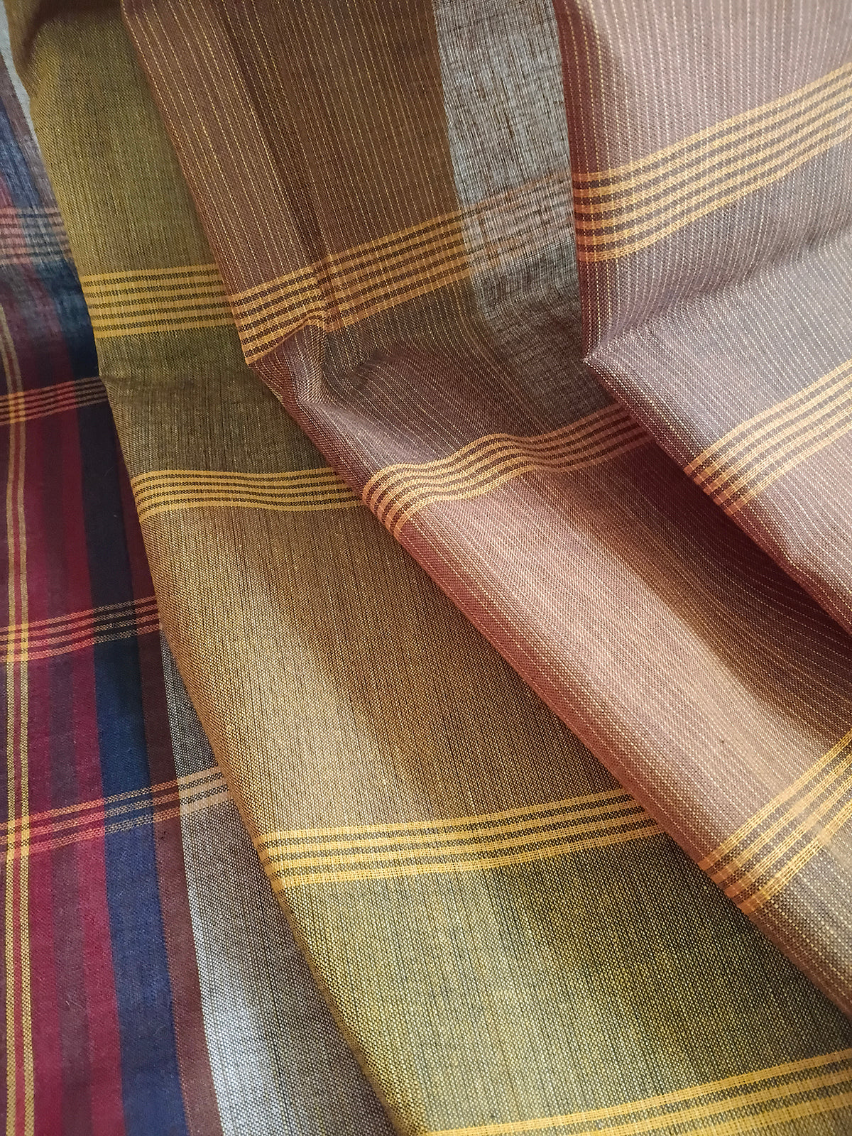 Red & Coral Striped Handloom Saree with Multicolour Checked Pallu