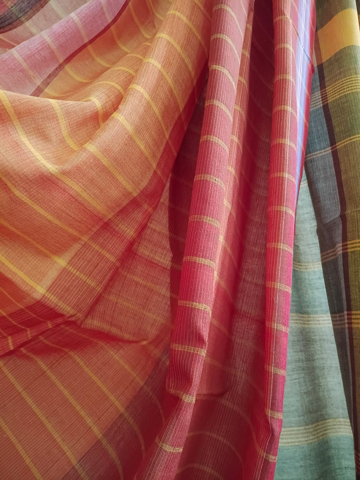 Red & Coral Striped Handloom Saree with Multicolour Checked Pallu