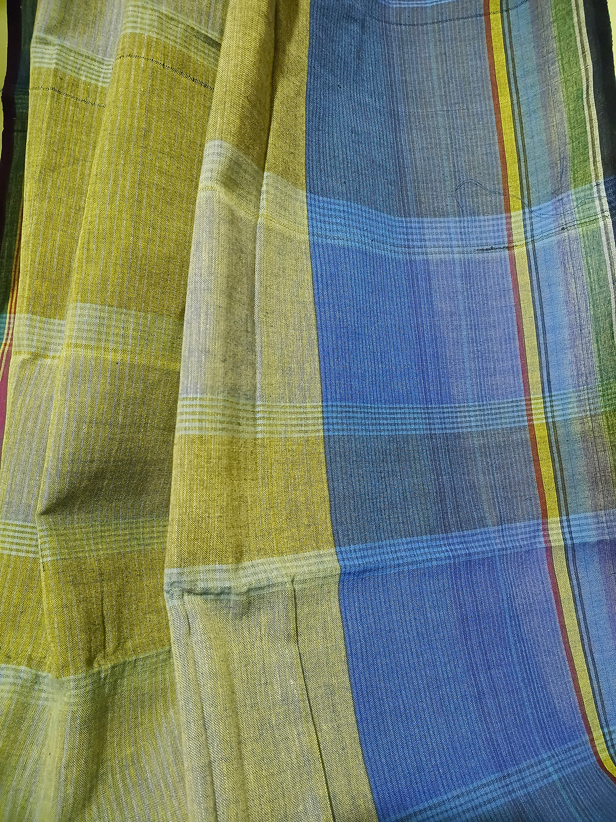 Olive Green & Blue Checked Handloom Saree