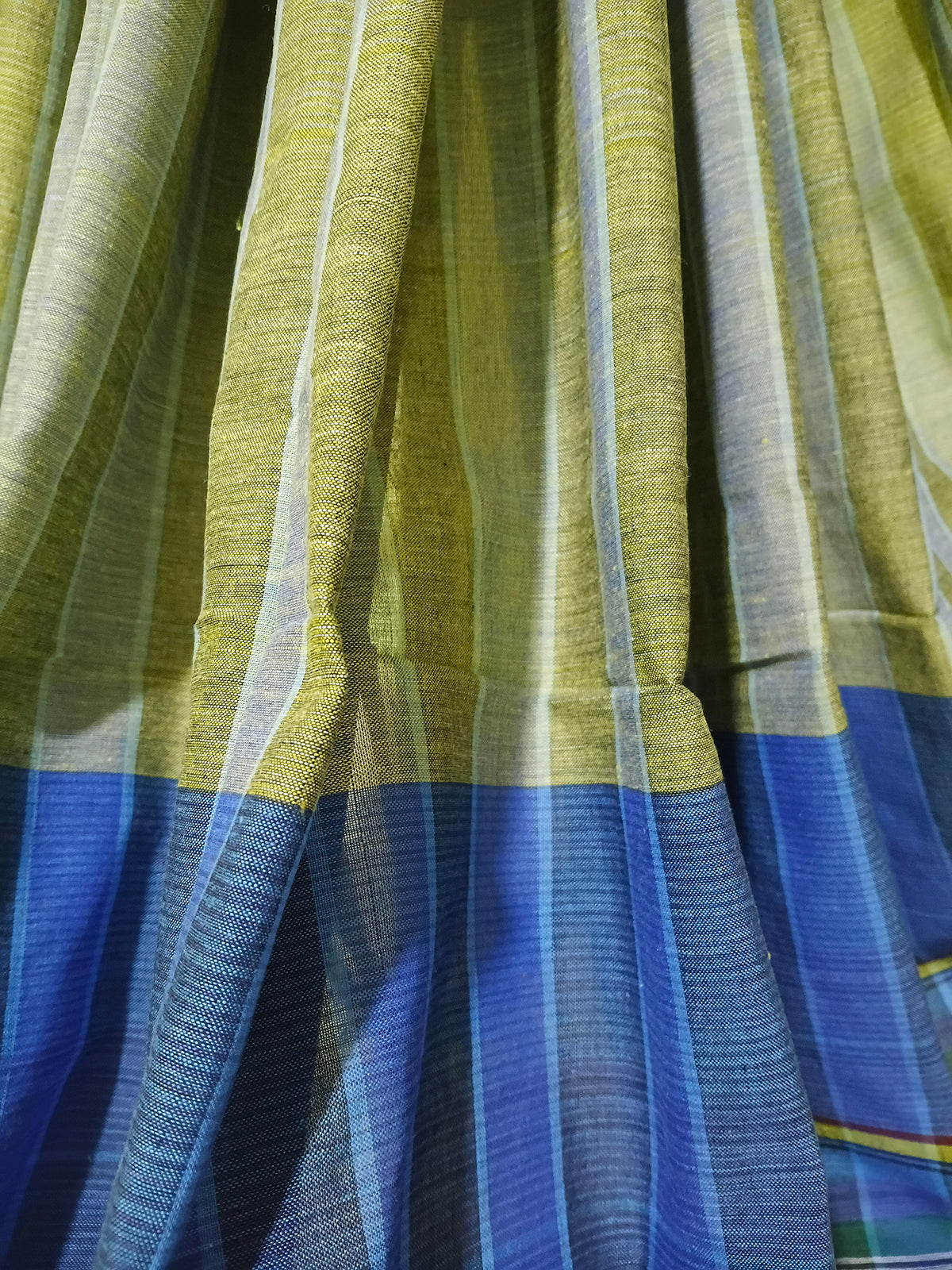 Olive Green & Blue Checked Handloom Saree