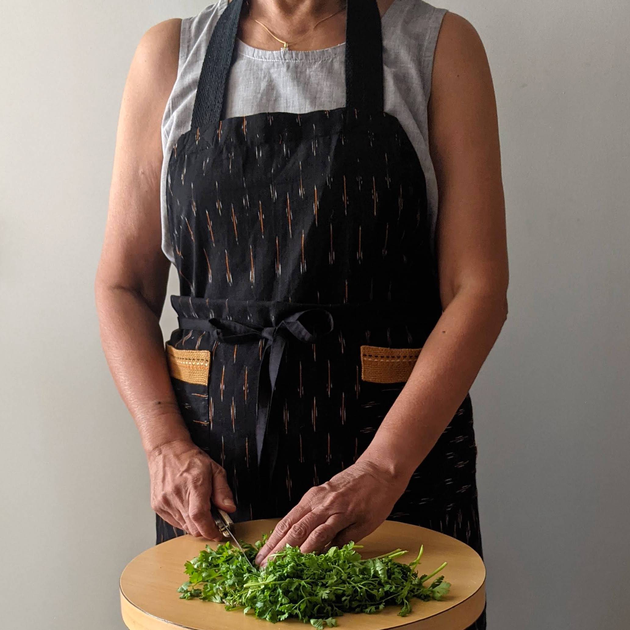 Woven Ikat Cotton Adjustable Apron with Large Pockets with an Embroidered Trim