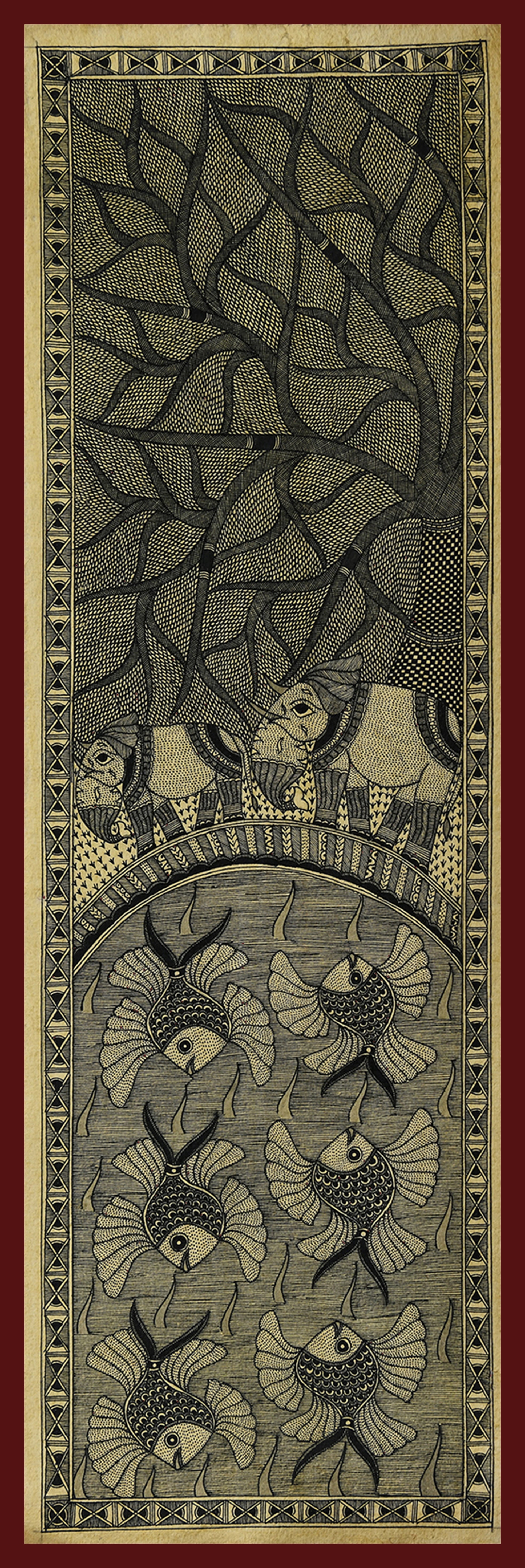 Godna painting "Tree with elephants & Fishes" by Ranjit Paswan