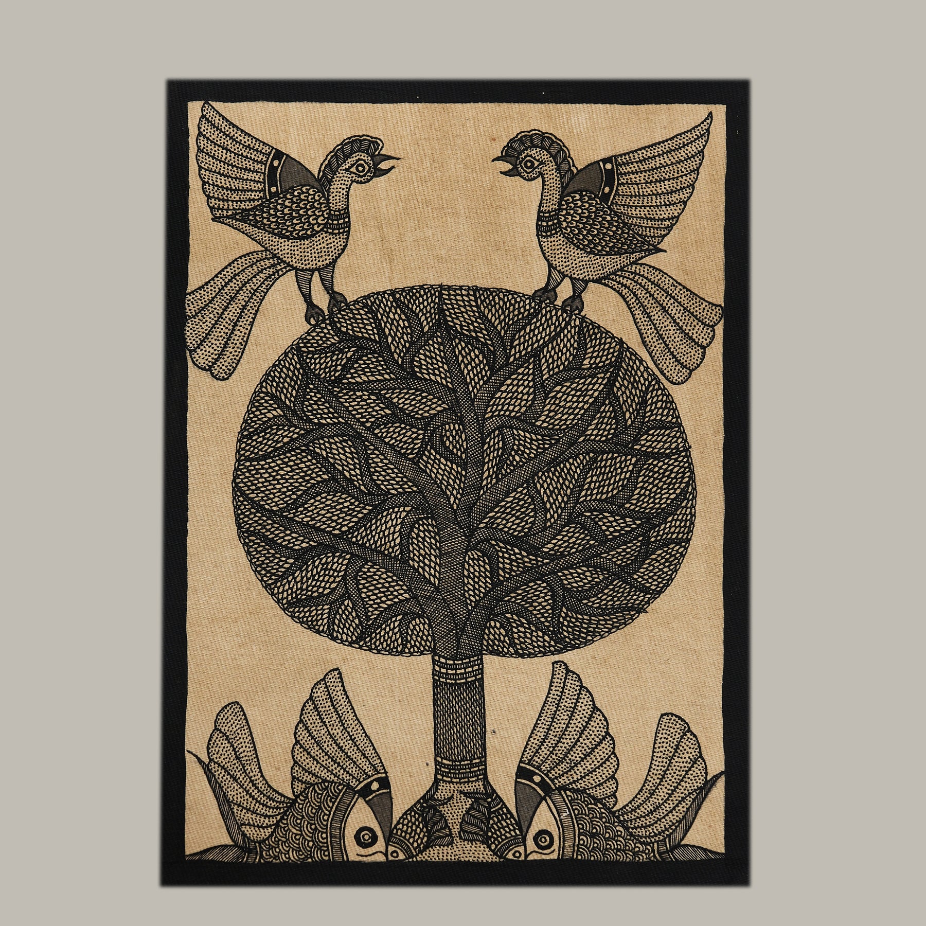 Godna painting "Tree of Life with bird & Fish" by Ranjit Paswan