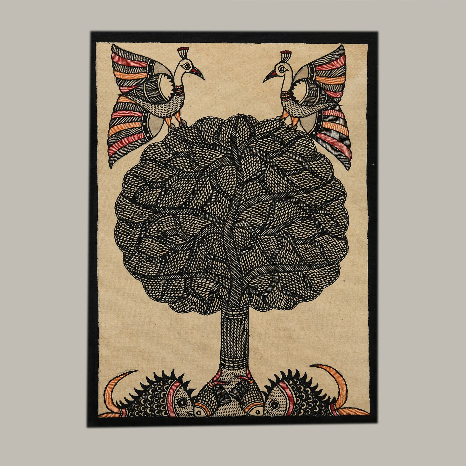 Godna painting "Tree of Life with birds & Fishes" by Ranjit Paswan