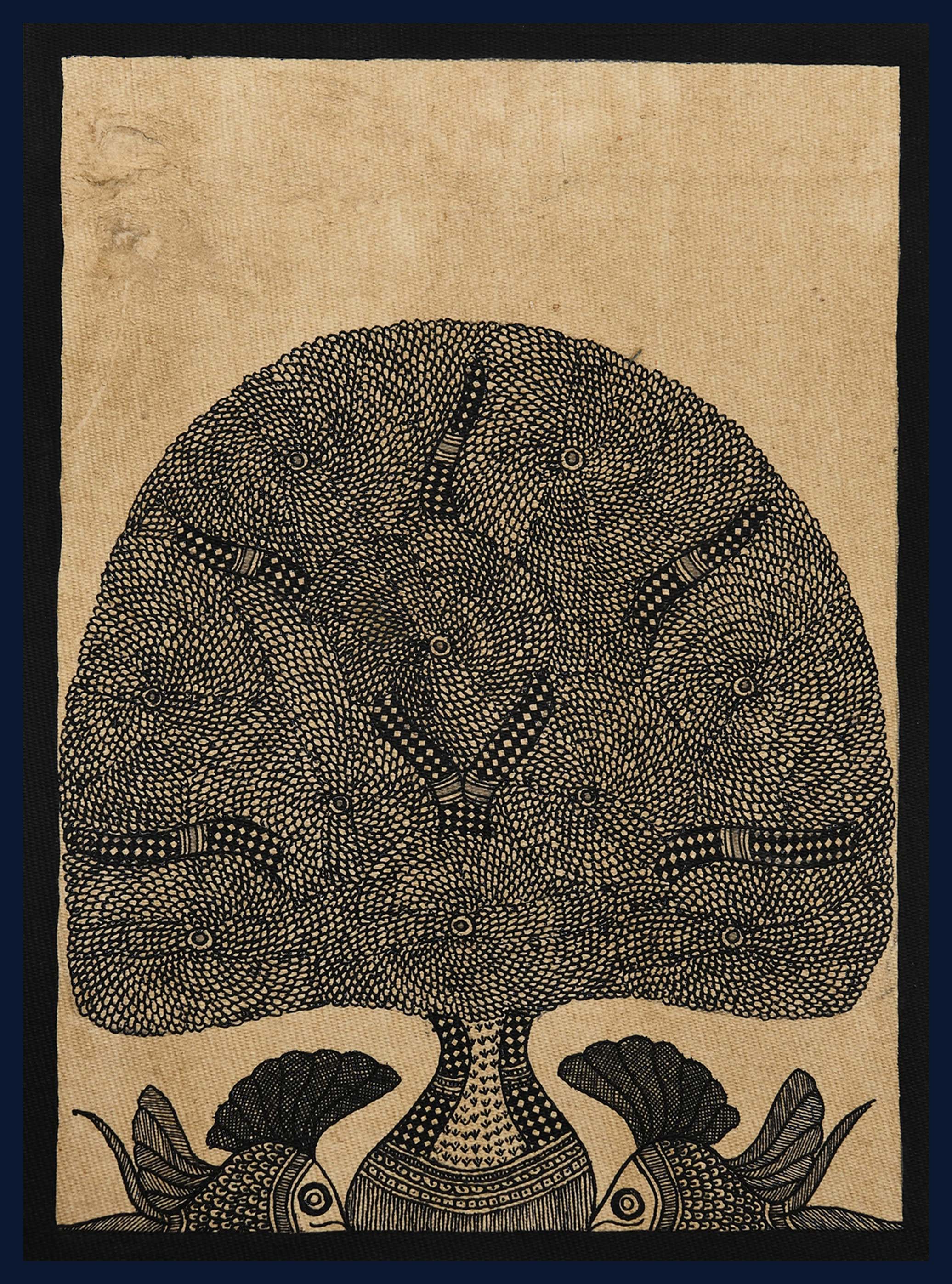 Godna painting "Tree of Life with Fishes" by Ranjit Paswan