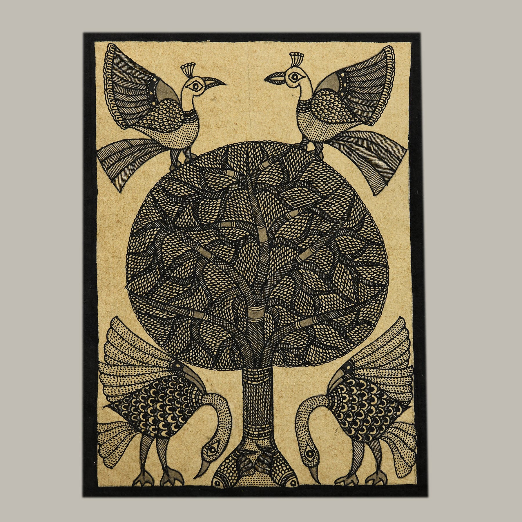 Godna painting "Tree of Life with birds & peacocks" by Ranjit Paswan