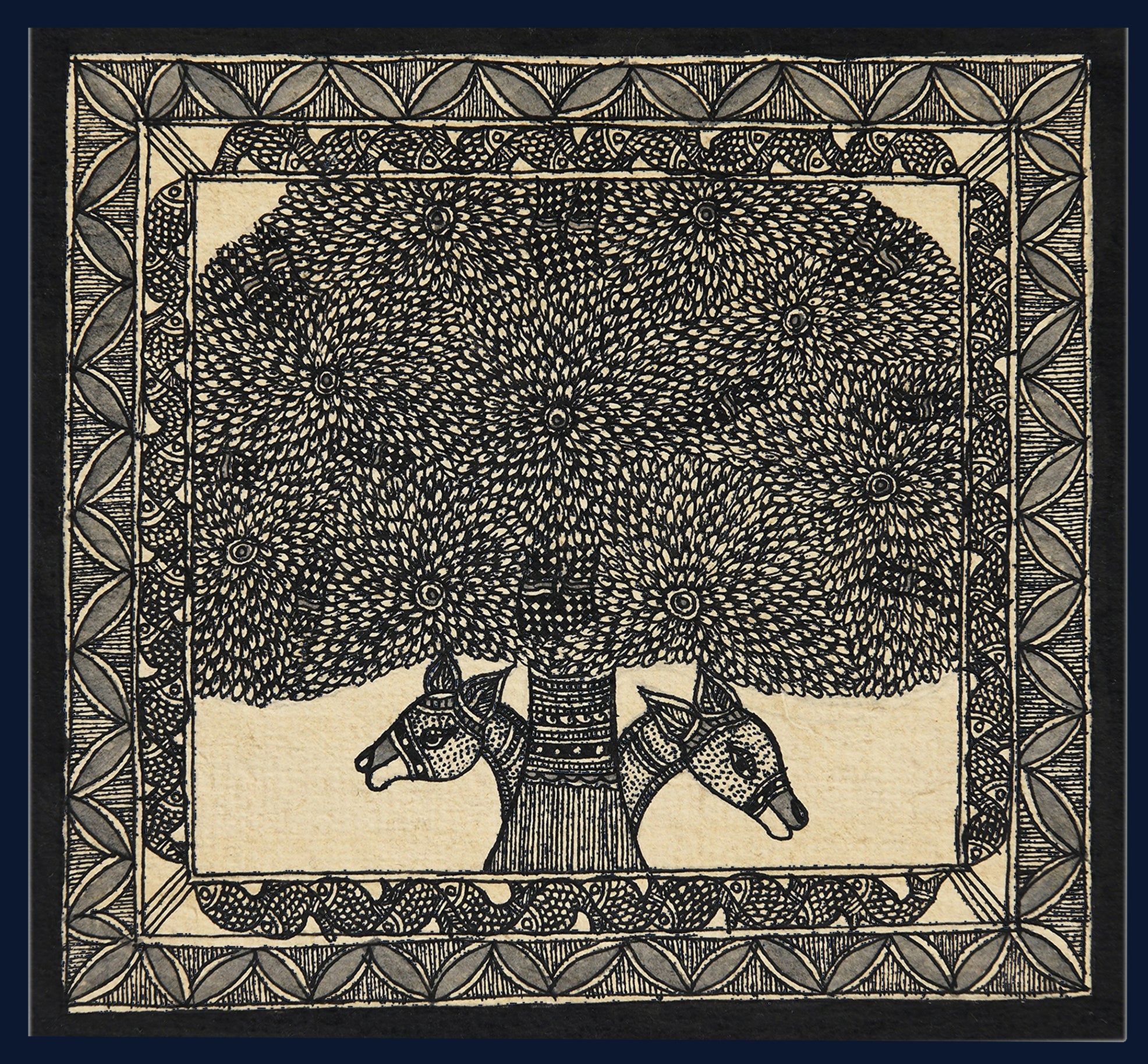 Godna painting "Tree of Life with Deer" by Ranjit Paswan