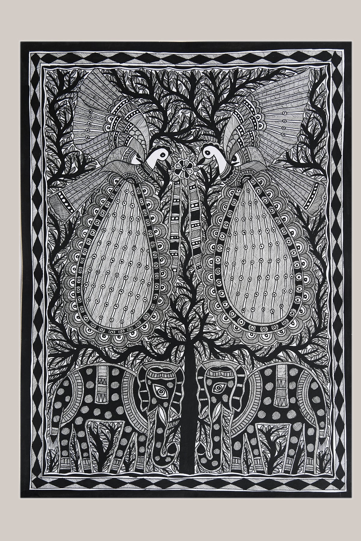 Godna painting "Peacocks & Elephants" by Ranjit Paswan