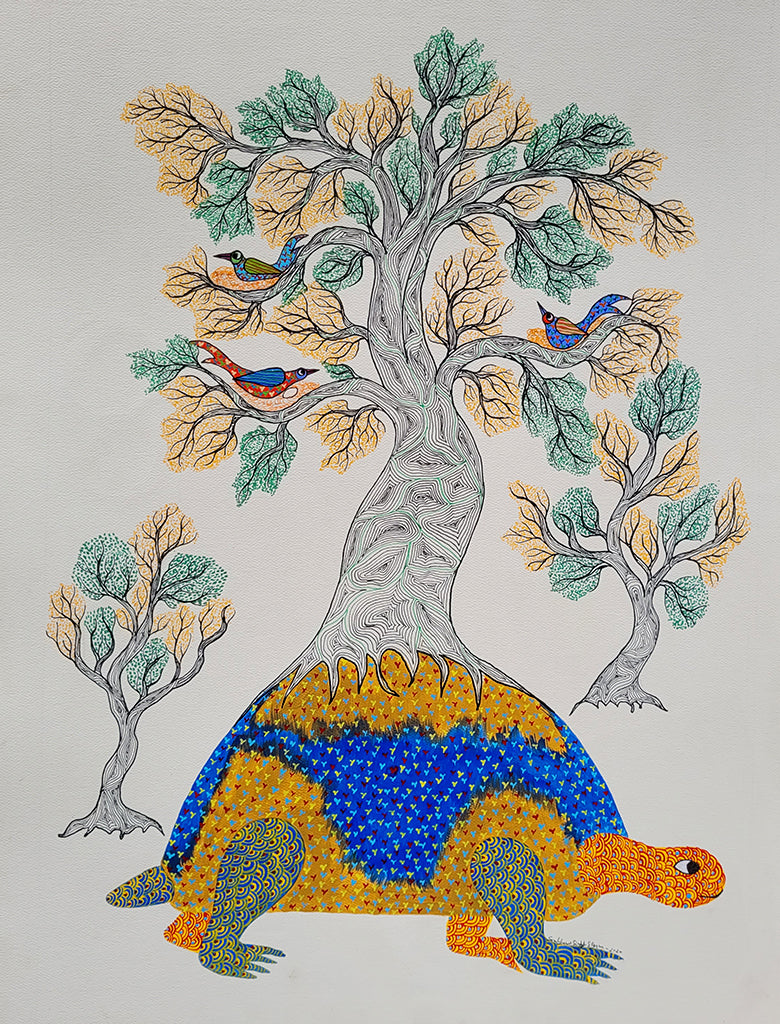 Gond folk art _"Turtle & Tree" by Shambhavsingh Shyam