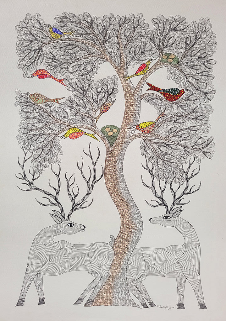 Gond folk art _"Tree, Deer & Birds" by Shambhavsingh Shyam