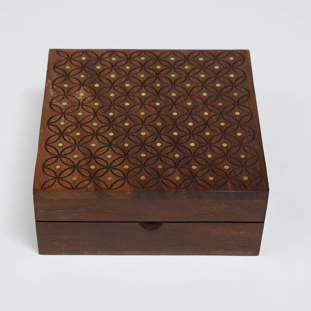 Carved Wooden Box with Metal Inlay Work