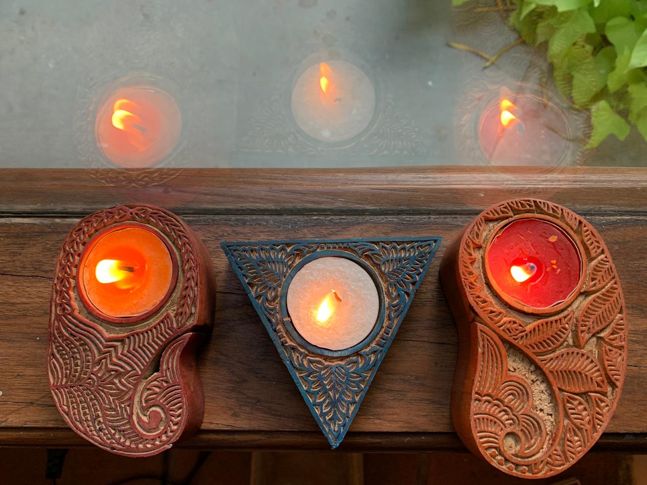 Hand Carved Wooden Tea Light Holder