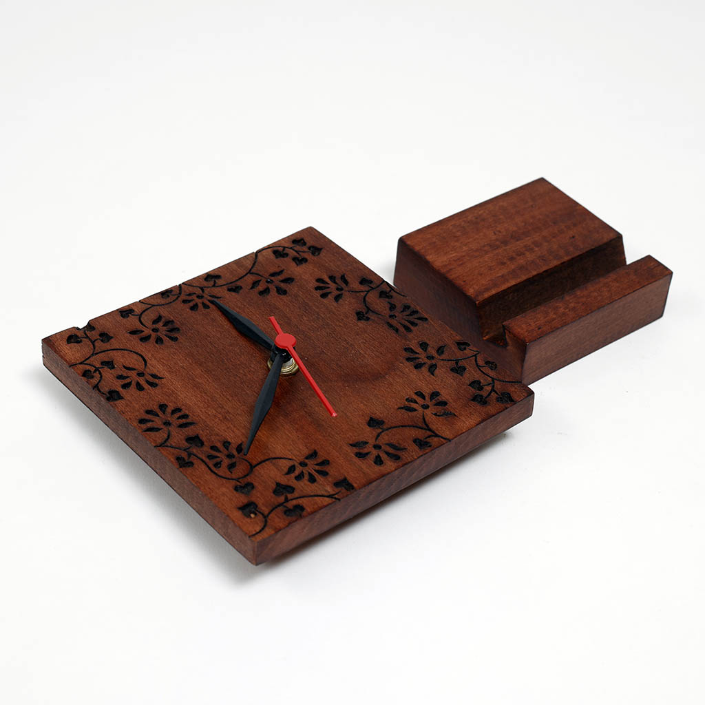 Handcrafted Wooden Table Clock with Stand – 2-Piece Set