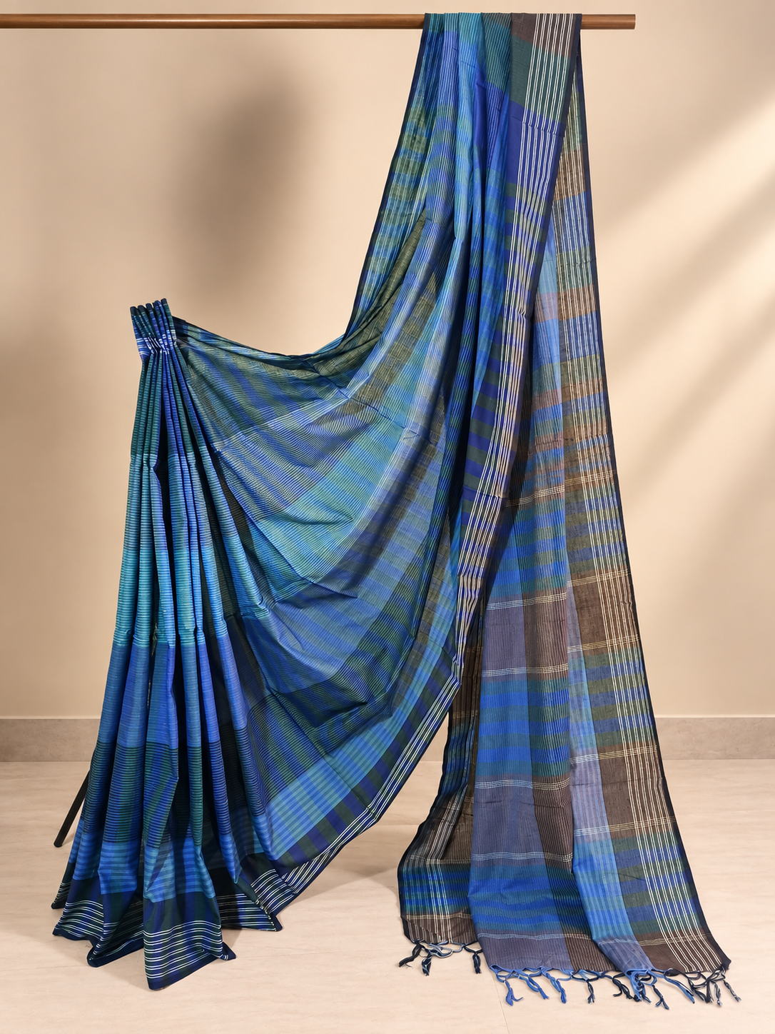 Blue & Green Striped Handloom Saree