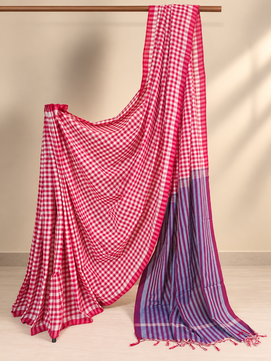 Pink & White Checked Handloom Saree with Striped Pallu