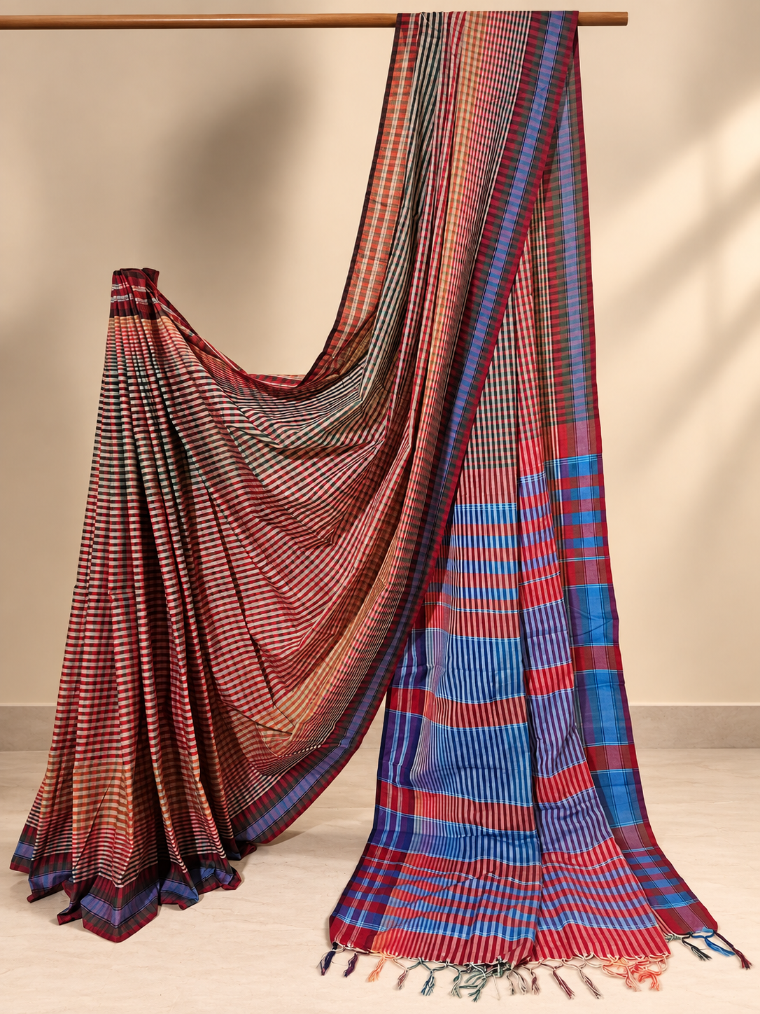 Red & Blue Checked Handloom Saree