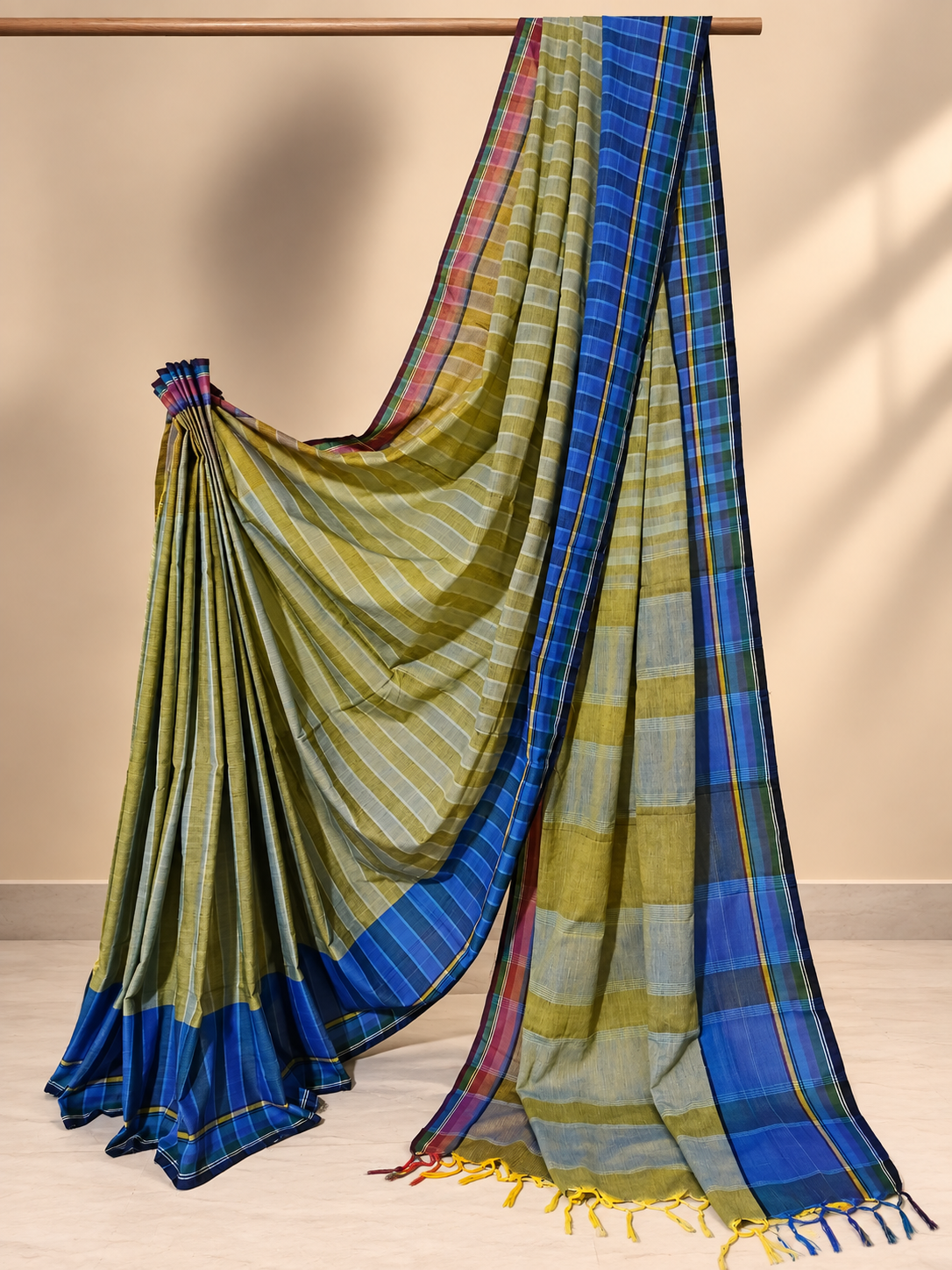 Olive Green & Blue Checked Handloom Saree