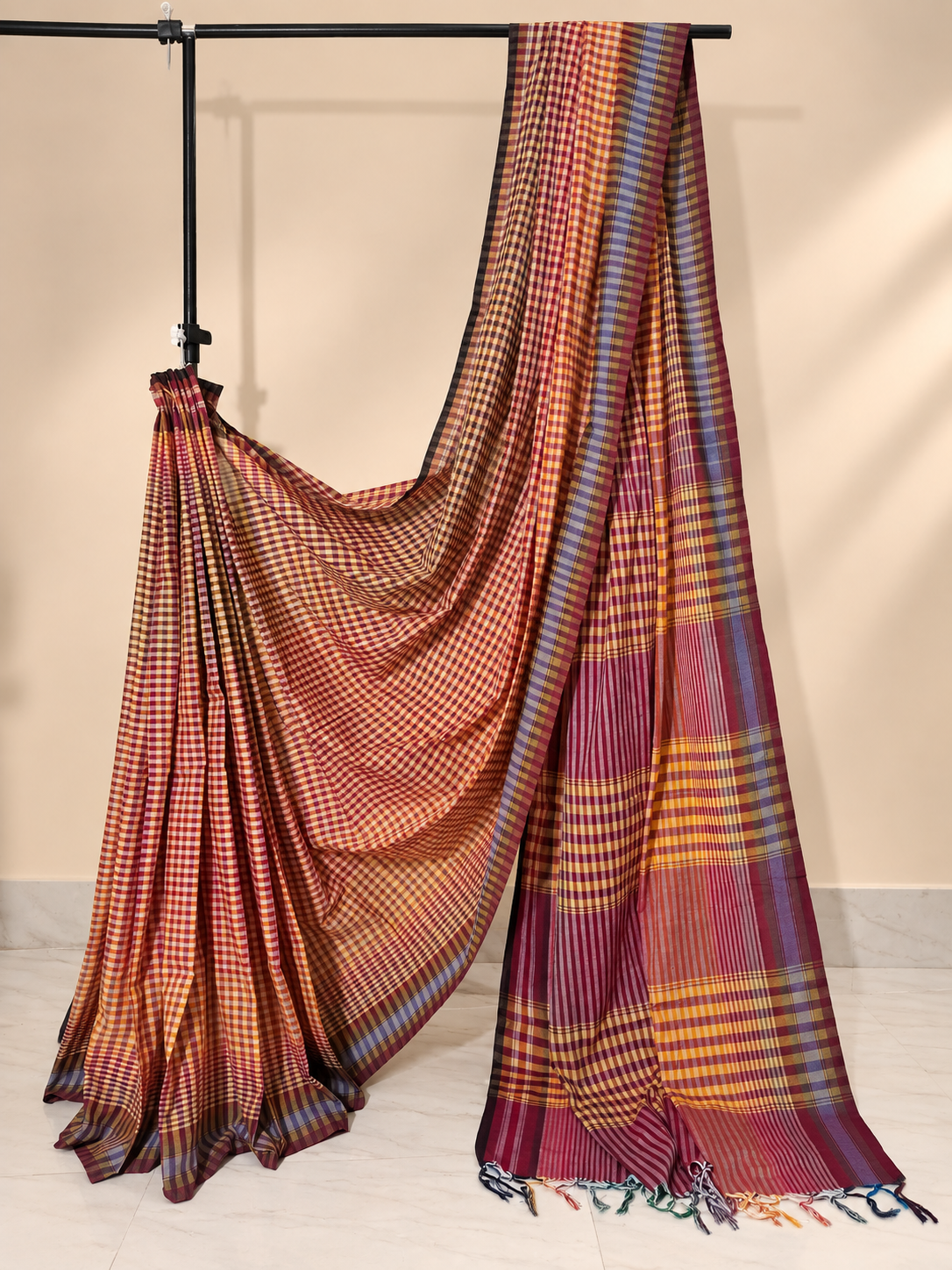 Maroon & Mustard Checked Handloom Saree