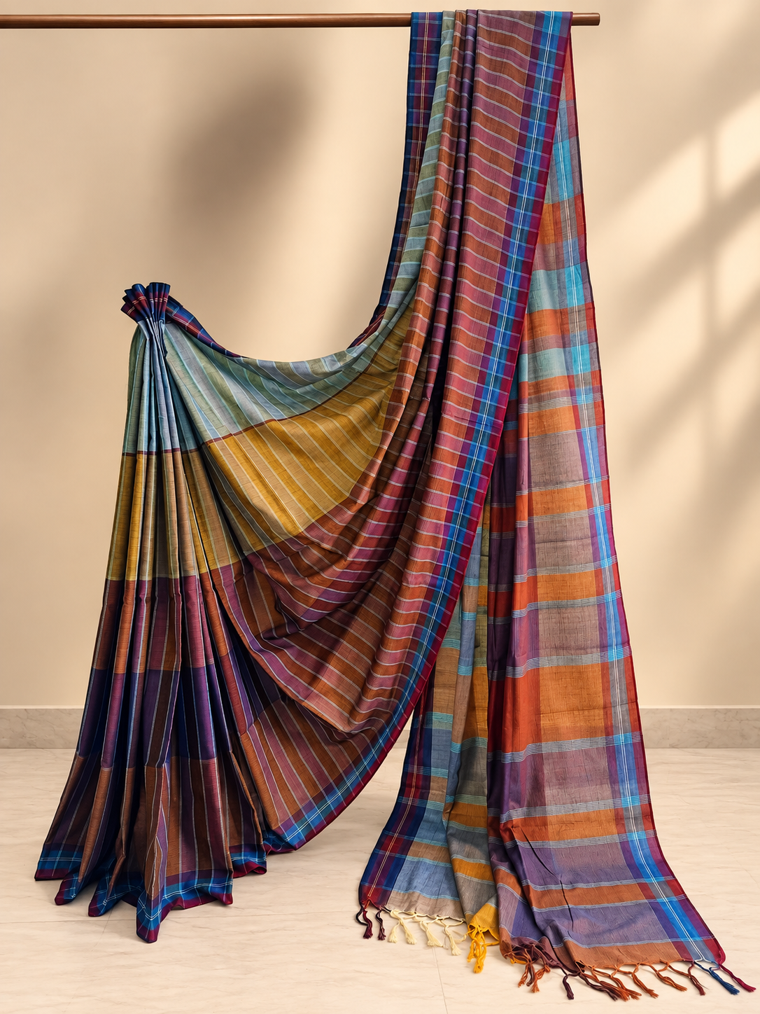 Multicolour Striped Handloom Saree with Checked Pallu