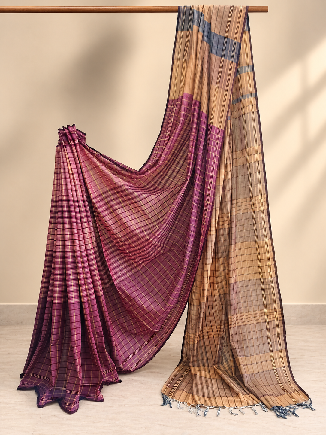 Plum & Beige Checked Handloom Saree with Blue Accents