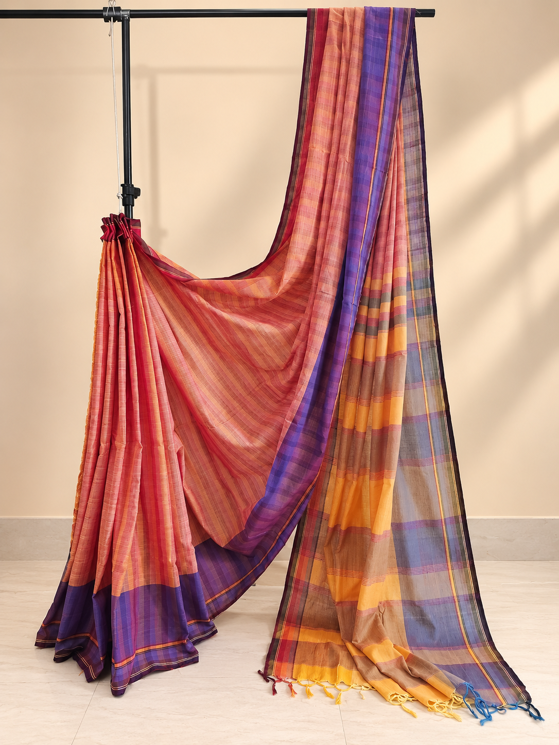 Coral & Purple Striped Handloom Saree with Multicolour Pallu
