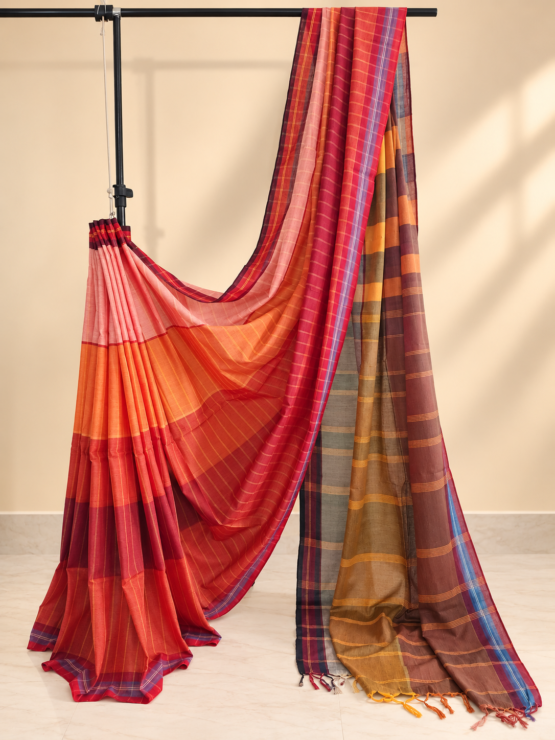 Red & Coral Striped Handloom Saree with Multicolour Checked Pallu