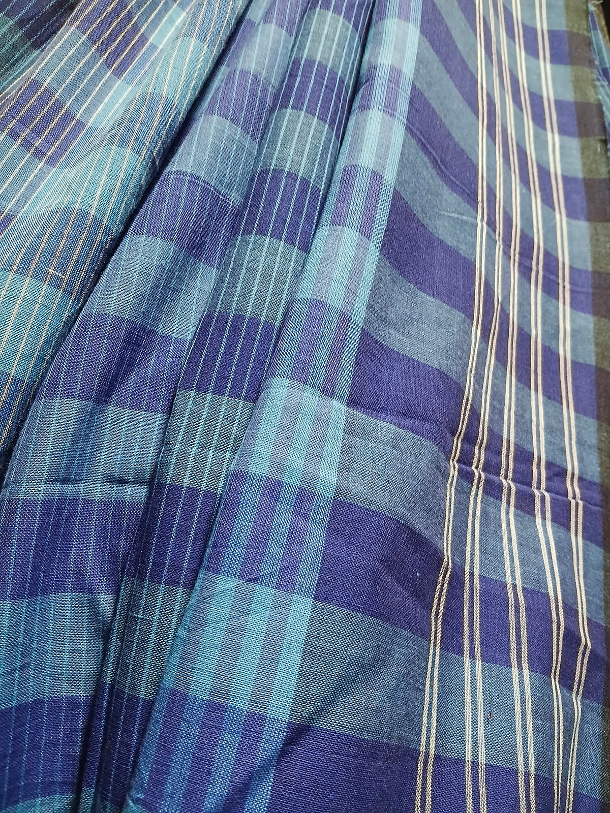 Contemporary Gamchha Cotton Saree – Ocean Blue Checks & Stripes