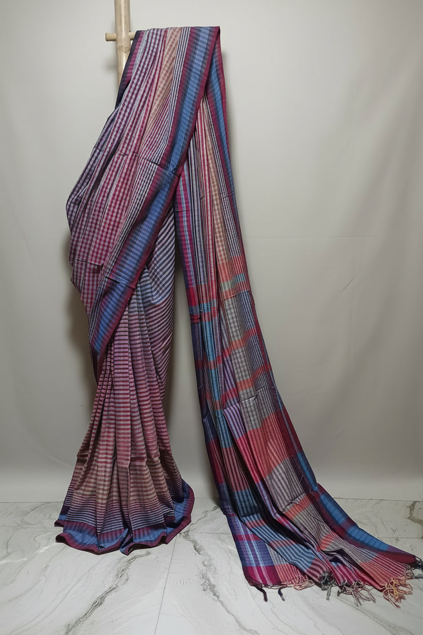 Contemporary Gamchha Cotton Saree – Rose Pink & Sky Blue Checks
