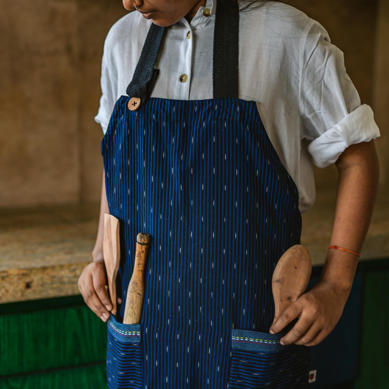 Woven Ikat Cotton Adjustable Apron with Large Pockets with an Embroidered Trim