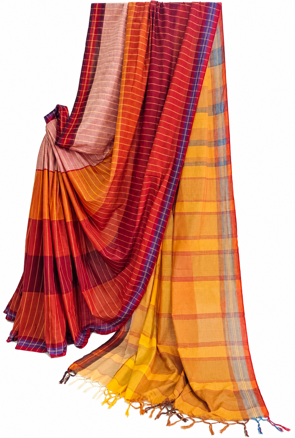 Handwoven Gamchha Saree in Burgundy and Mustard Yellow Checks