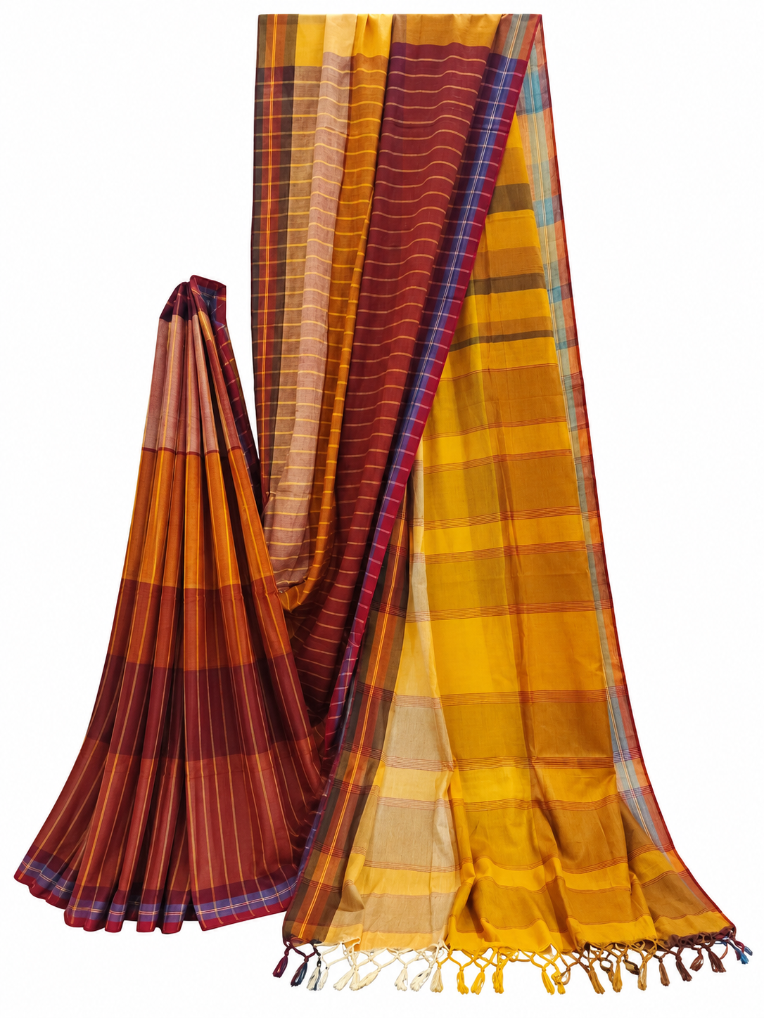 Mustard yellow and maroon handloom Gamchha cotton saree featuring striped and checked patterns, contrasting colour bands and handcrafted multicoloured tassels on a white background.
