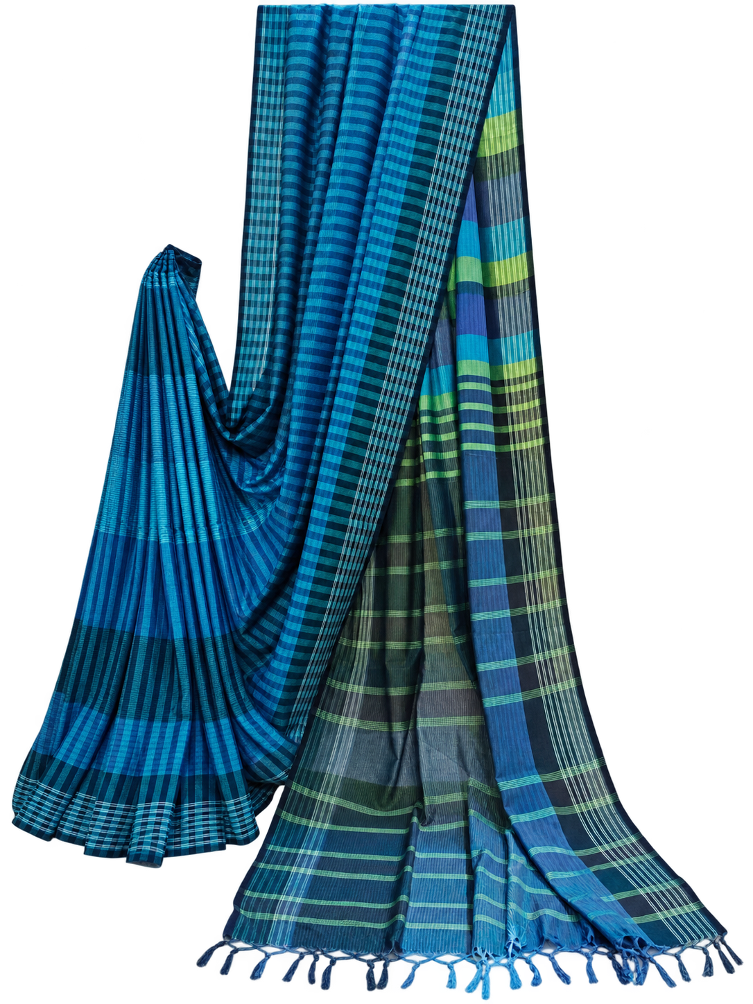 Blue and green handloom Gamchha Saree with striped and checked patterns, displayed against a clean white background with handcrafted tassels.