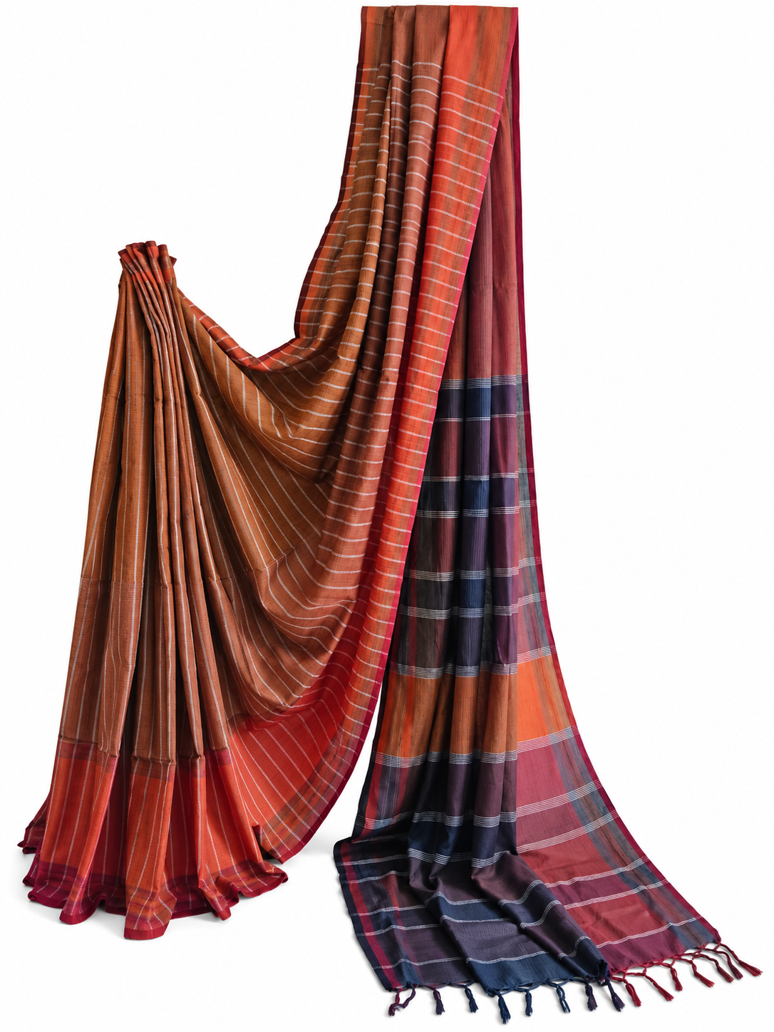 Rust brown handloom Gamchha cotton saree with fine cream stripes, contrasting indigo and maroon pallu, and handcrafted tassels.