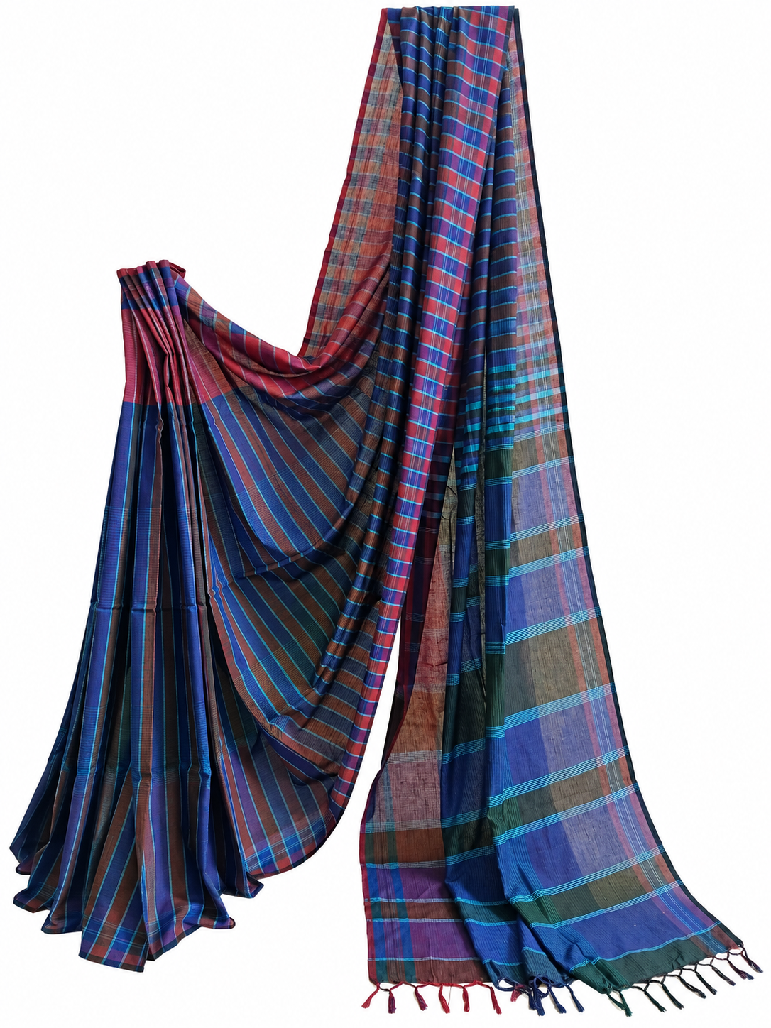 A lightweight striped and plaid scarf or sari draped elegantly against a solid white background, showcasing its multicolor design with blue, red, green, and purple tones.