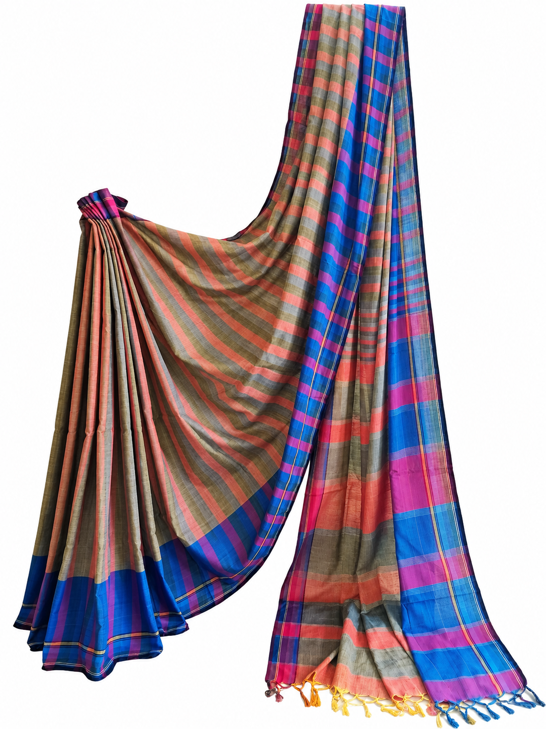Olive grey, coral, blue and magenta handloom Gamchha saree with striped and checked patterns and multicoloured handcrafted tassels displayed on a clean white background.
