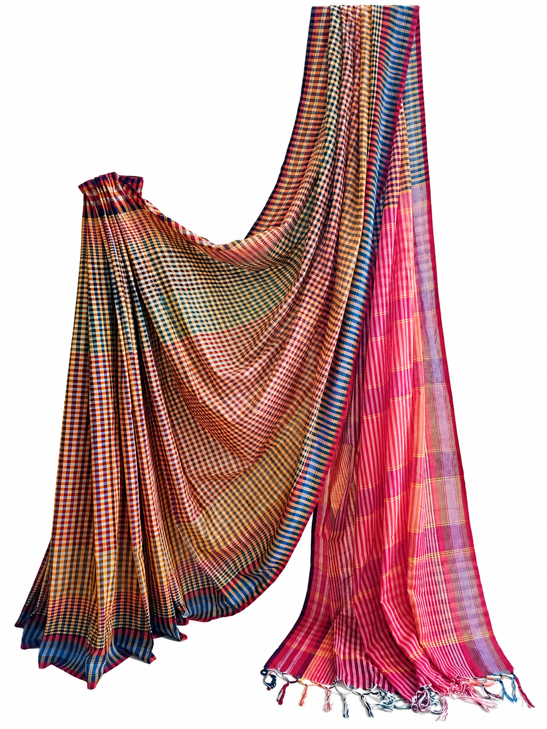 Multicolour handloom Gamchha saree with fine checks and stripes in brown, rust, green, magenta, pink, purple and blue, displayed with tasselled pallu.