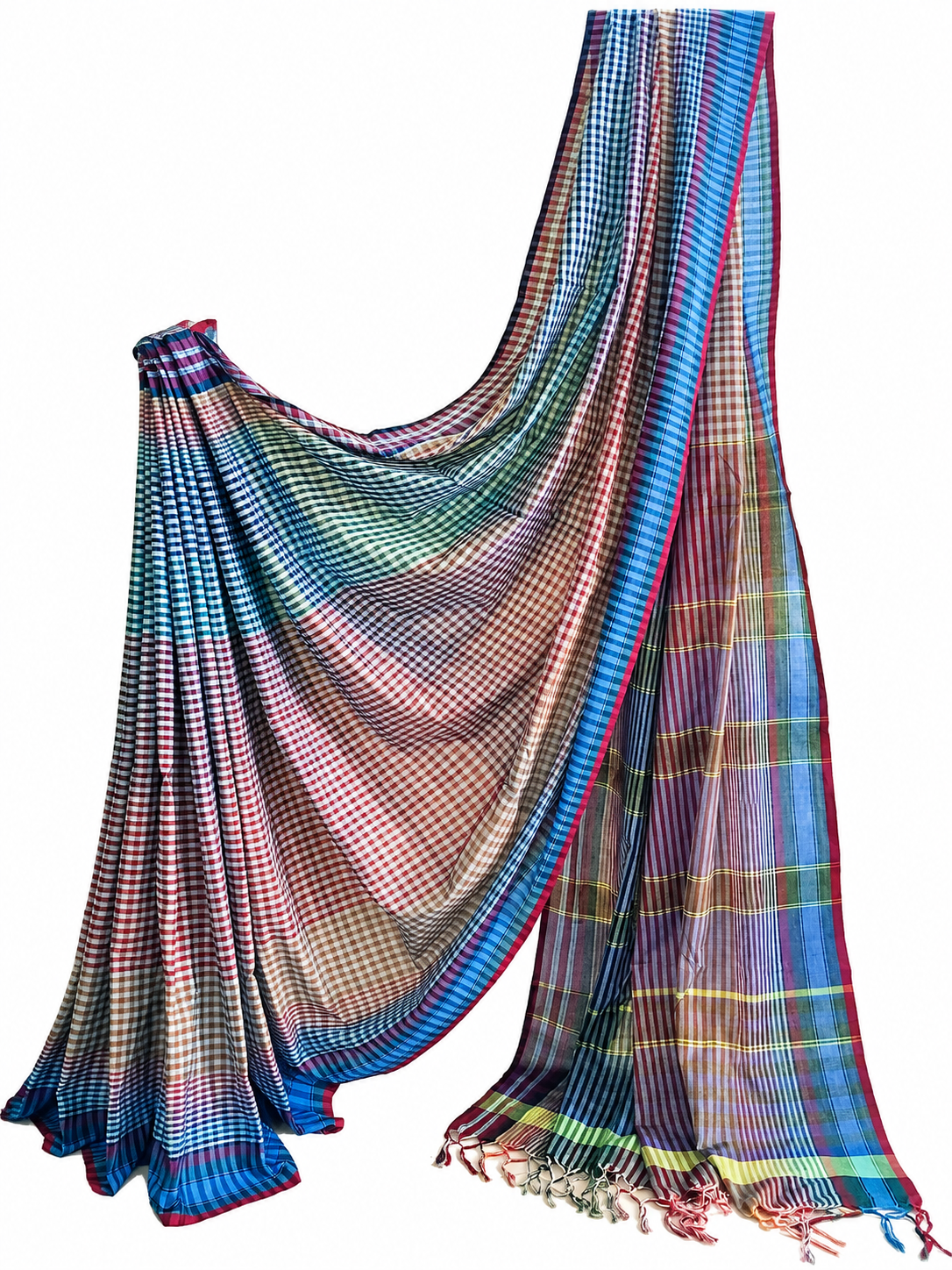 Multicolour handloom Gamchha saree featuring fine checks and stripes in blue, teal, burgundy, beige and green, with a contrasting blue border and tasselled pallu.