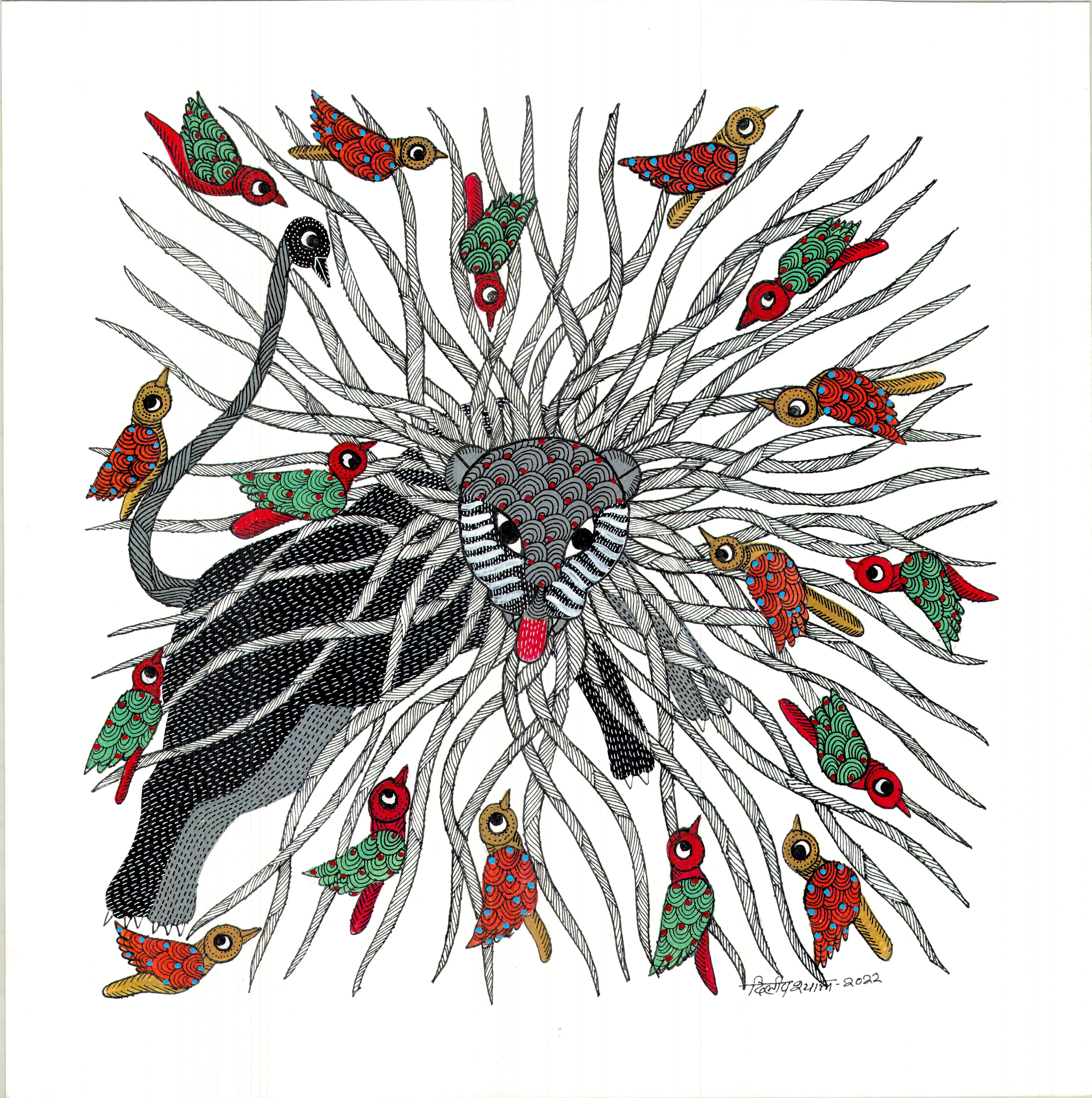 Gond folk art painting by Dilip Shyam